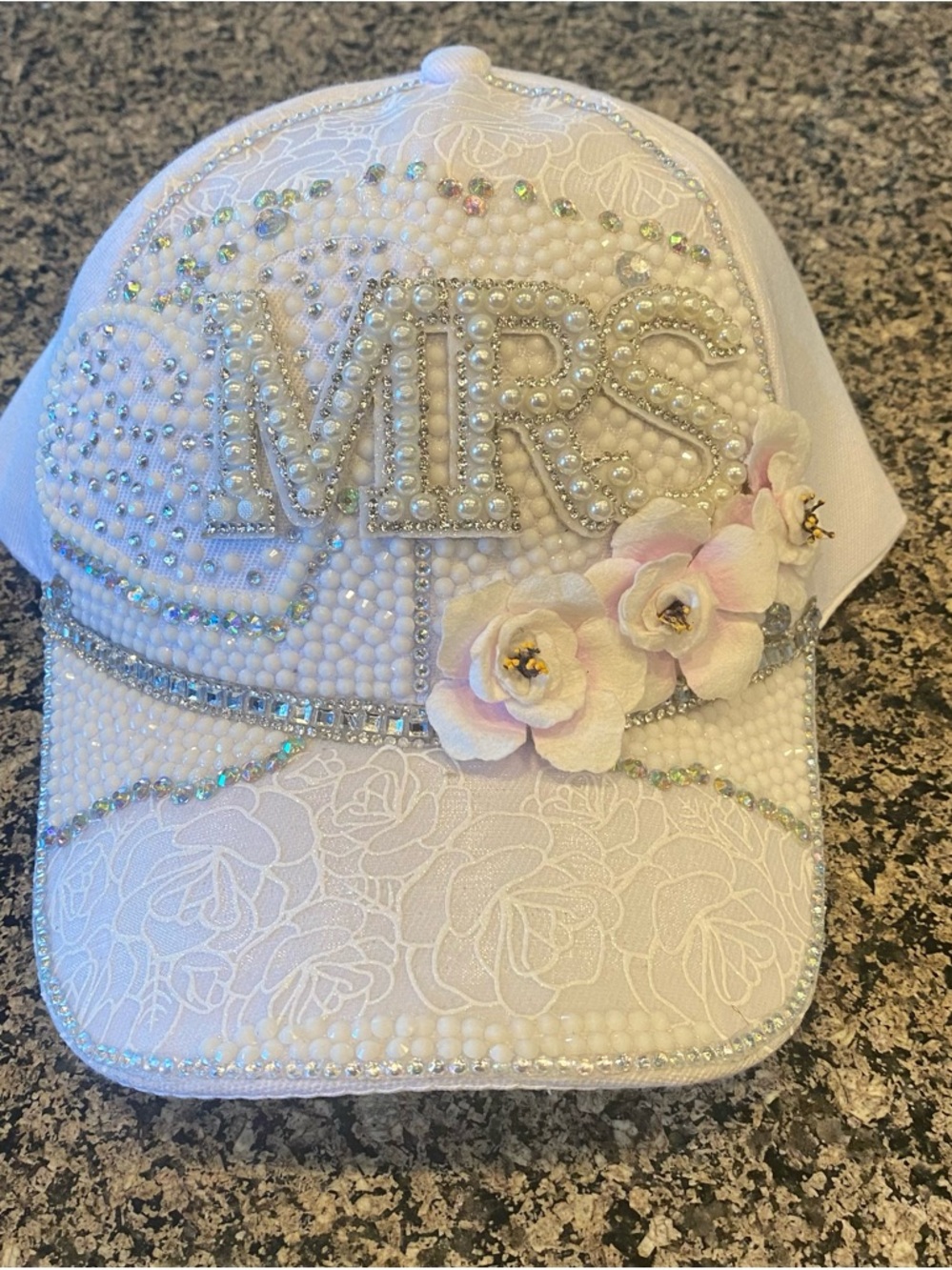 Custom design Embellished White Floral Baseball Cap